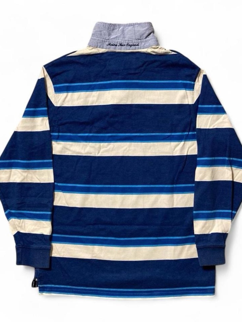 Blue White Horizontal Striped Long Sleeve Embroidered Rugby Polo Shirt